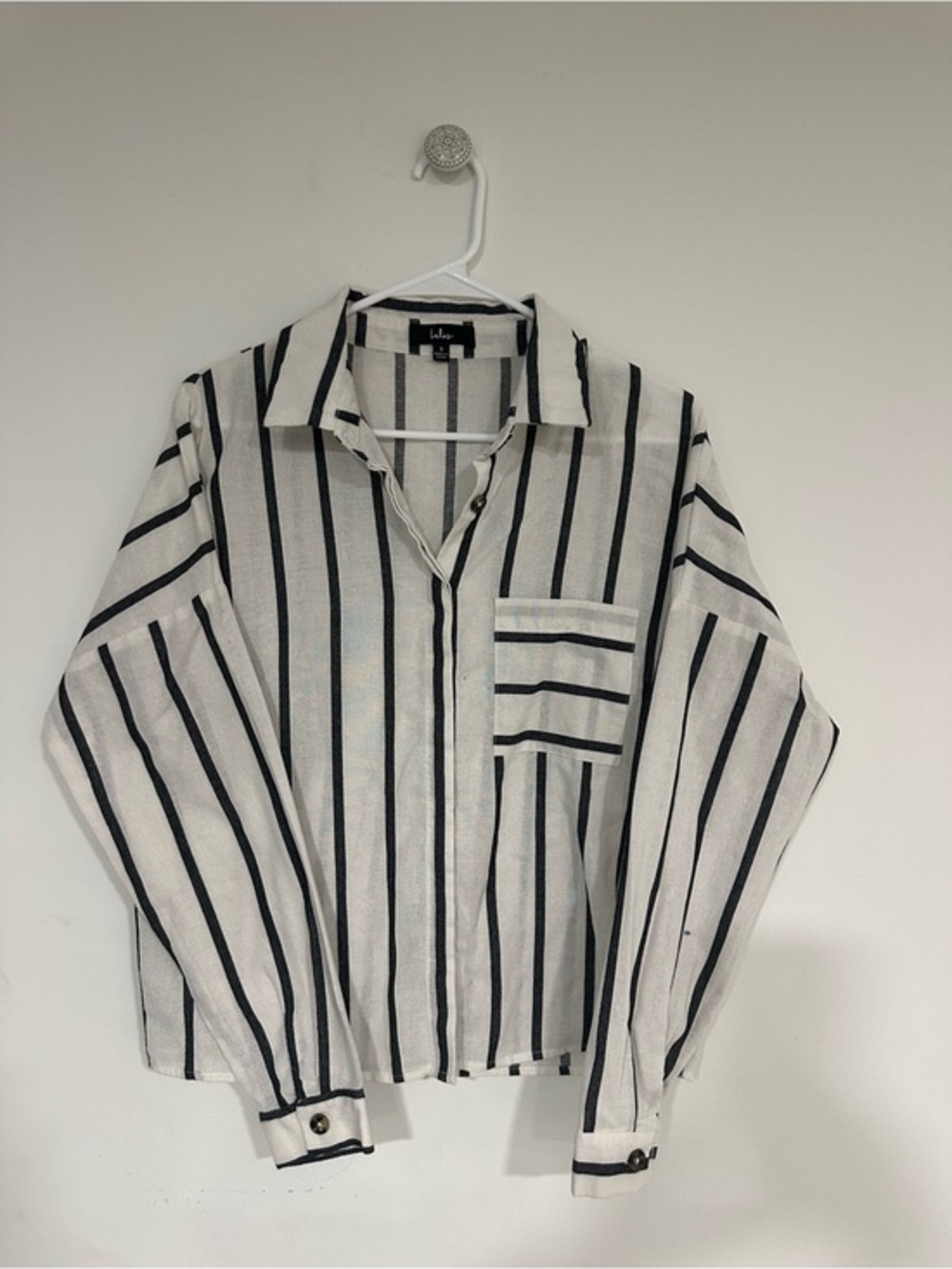 Lulu's White Shirt with Black Vertical Stripes